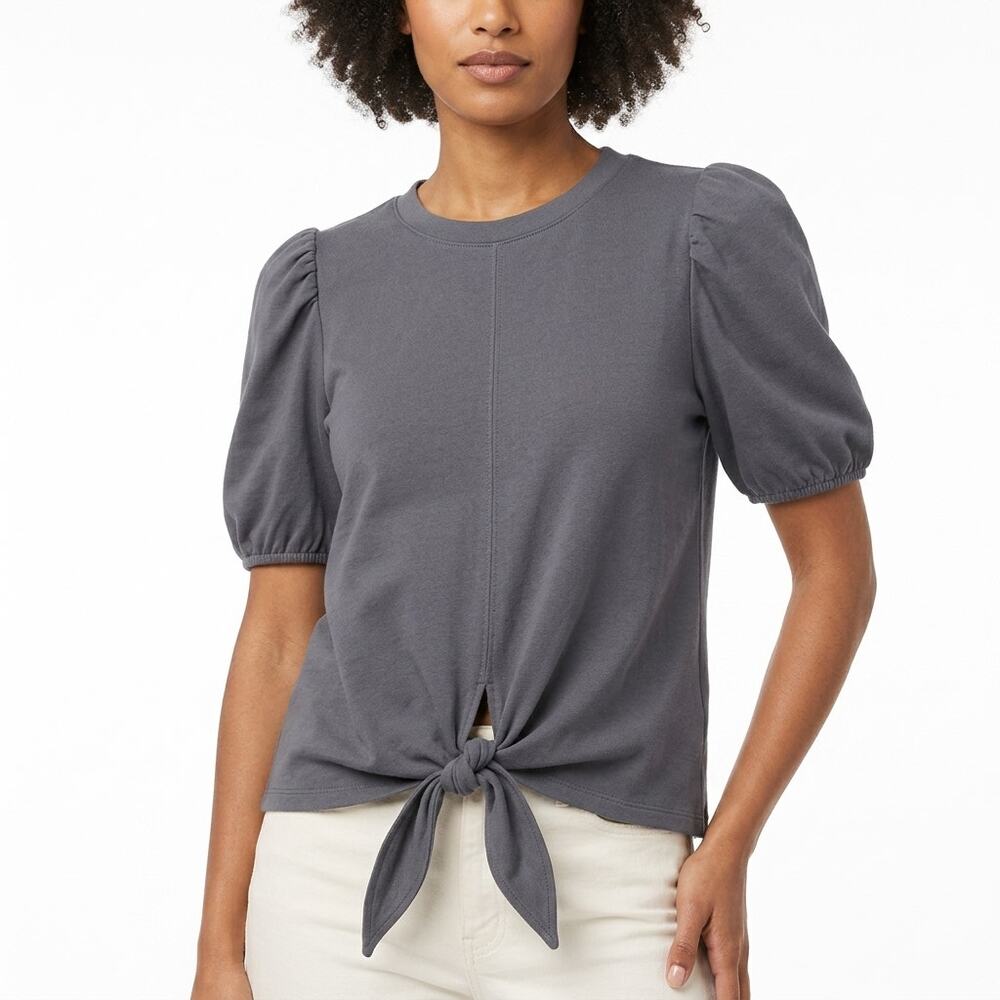 Terea By Andrea Peter Gray Tie Front Puff Sleeve Stretch Top Women Size S